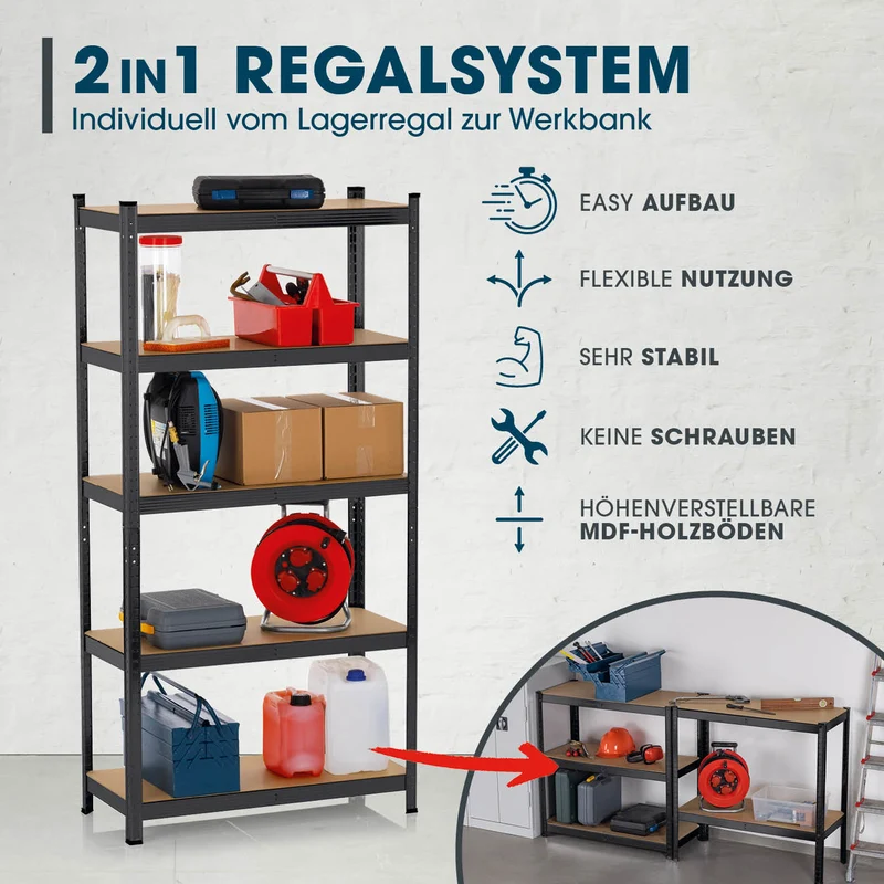Schwerlastregal & Werkbank - 180 x 90 x 40 cm - 875 kg Traglast, 175 kg pro Ebene