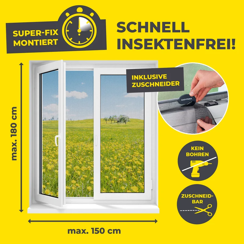 Moskitonetz für Fenster mit selbstklebendem Klettband - 4er-Set - 150 x 180 cm - Schwarz