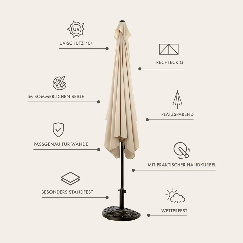 Sonnenschirm mit UV-Schutz mit Sonnenschirmfuß - rechteckig 230 x 140 cm - beige