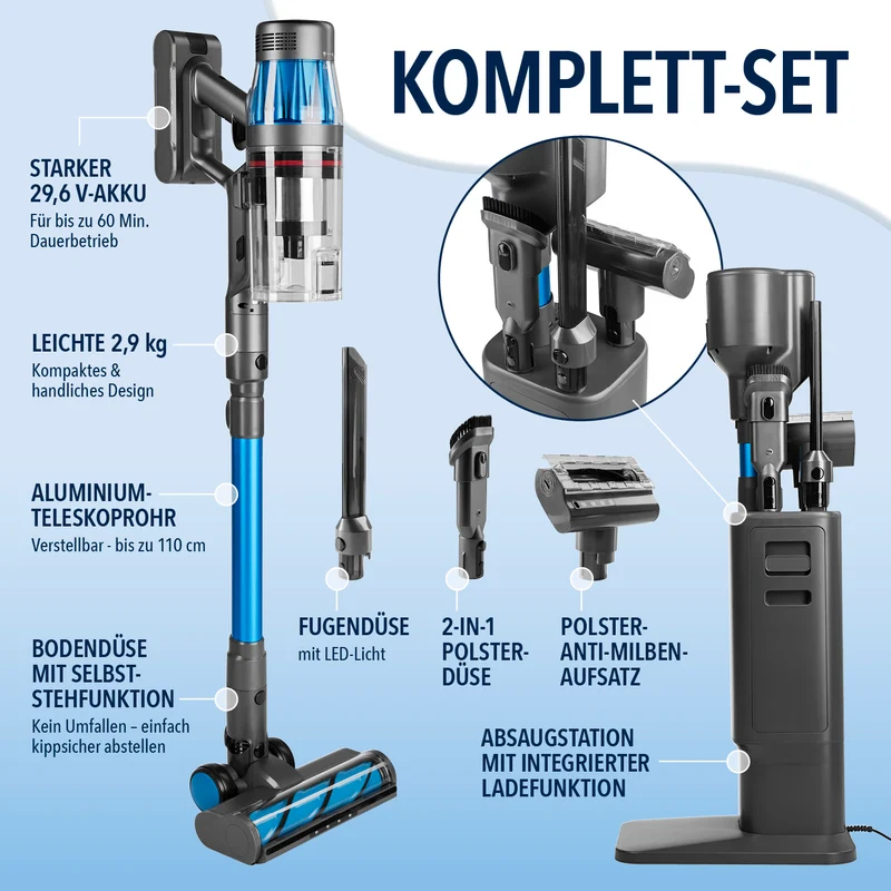 AeroTech 500 Staubsauger mit Absaugstation – Grau-Blau