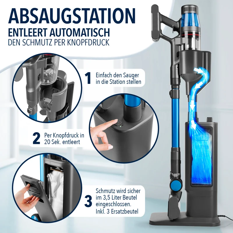 AeroTech 500 Staubsauger mit Absaugstation – Grau-Blau