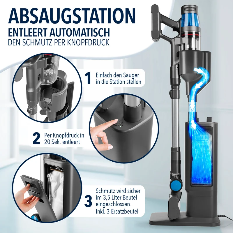 AeroTech 500 Staubsauger mit Absaugstation – Grau-Silber