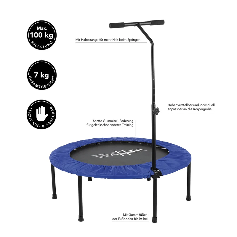 Fitness Trampolin - Mit höhenverstellbarer Haltestange - blau/schwarz