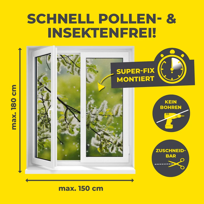 Insekten- & Pollenschutzgitter mit Magnetbefestigung - 150 x 180 cm - Schwarz